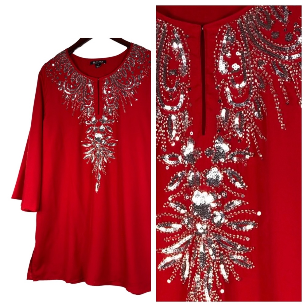 Naeem Khan Timeless Top Tunic Kaftan 1X 16 18 Red Beaded Embellished